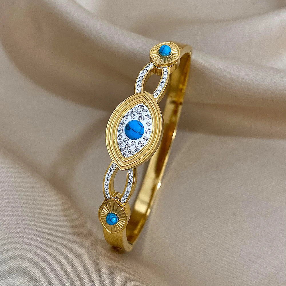 Flashbuy Boho Evil Eye Stainless Steel Bangles for Women with Enamel Rhinestones Gold Plated Waterproof Fashion Jewelry Gift