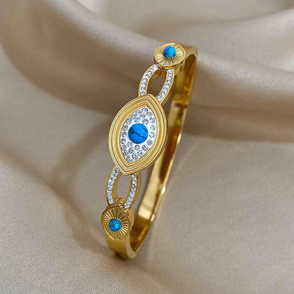 Flashbuy Boho Evil Eye Stainless Steel Bangles for Women with Enamel Rhinestones Gold Plated Waterproof Fashion Jewelry Gift