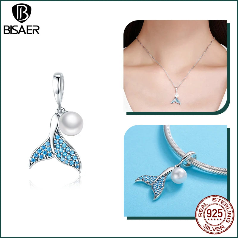 BISAER Ocean Charm 925 Sterling Silver Dolphin and Mermaid Bead with Blue CZ for DIY Jewelry ECC877 CHINA