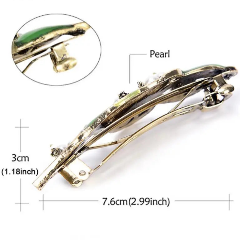 Fashion Women Retro Enamel Leaf Hair Clip with Pearl and Ancient Bronze Alloy Design