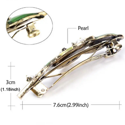 Fashion Women Retro Enamel Leaf Hair Clip with Pearl and Ancient Bronze Alloy Design