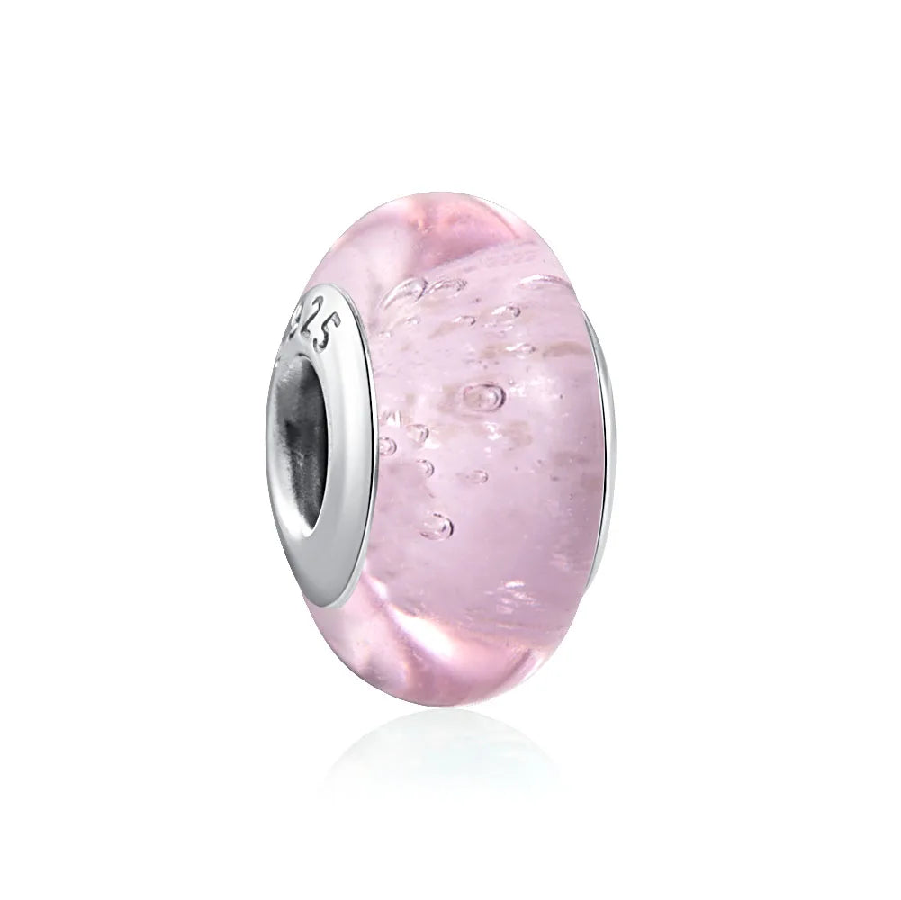European 925 Sterling Silver Murano Glass Charm Bead in Pink Red Green and Blue for Women’s Bracelet and Necklace Jewelry