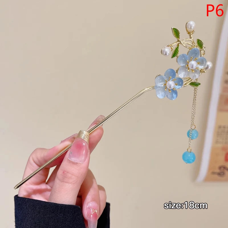 Elegant Chinese Tassel Hair Stick Floral Design Hairpin for Women