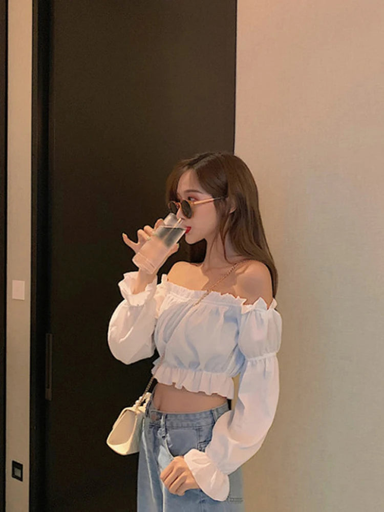Off Shoulder White Crop Top With Puff Long Sleeve Ruffles