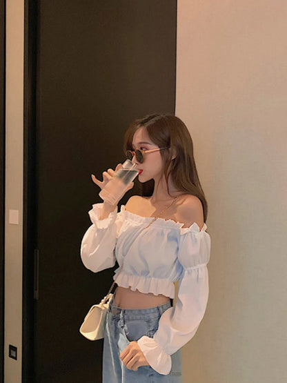 Off Shoulder White Crop Top With Puff Long Sleeve Ruffles