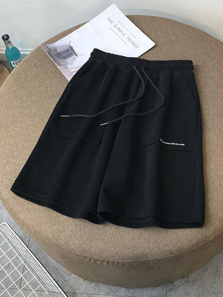 Summer High Waist Wide Leg Knee Length Shorts Drawstring