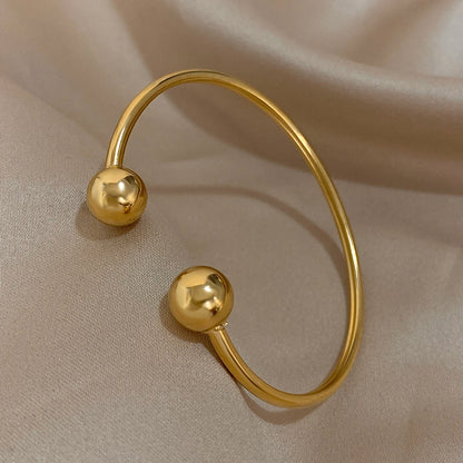Greatera Gold Plated Minimalist Double Ball Stainless Steel Women's Cuff Bracelet