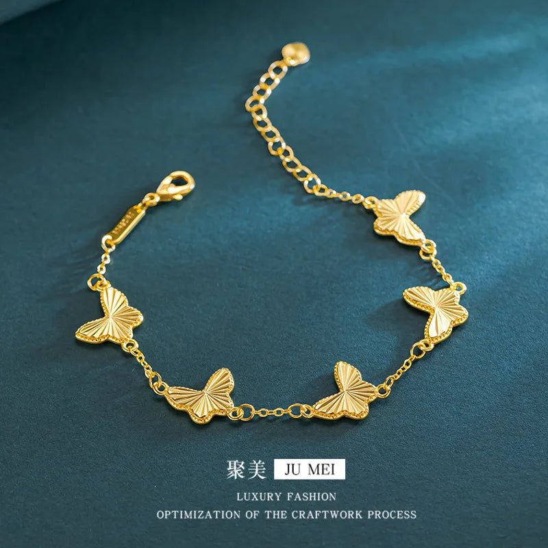 Exquisite 24K Pure Gold Butterfly Necklace Bracelet Ring Set for Women Gift