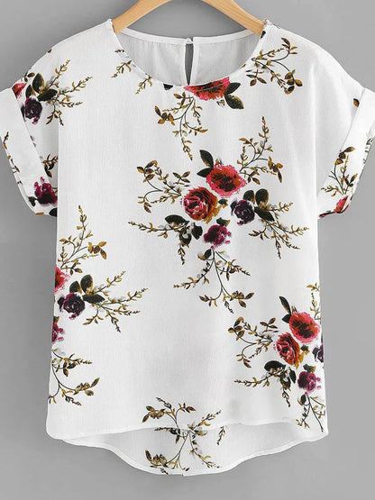 Summer Floral Print Blouse O Neck Short Sleeve Women