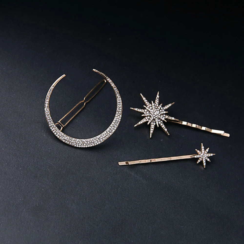 Geometric Stars & Moon Rhinestone Hair Clip Set - Top-Rated Bridal Hairpins for Women