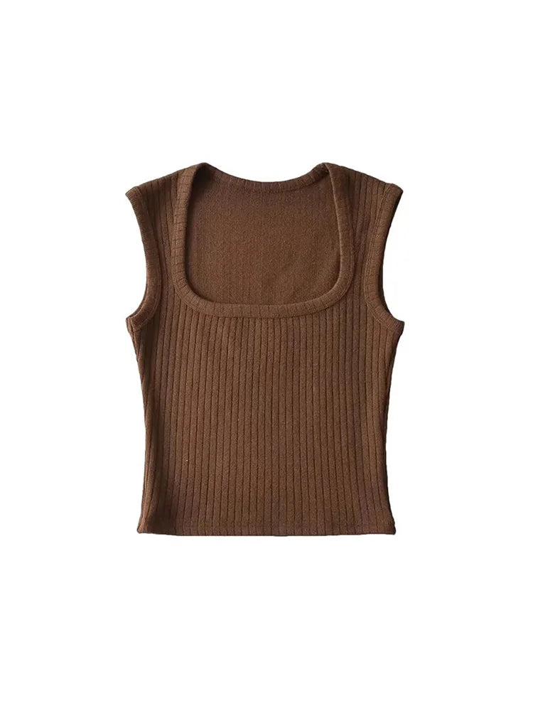 Dozw Elastic Knit Crop Top For Women Solid Summer Sleeveless