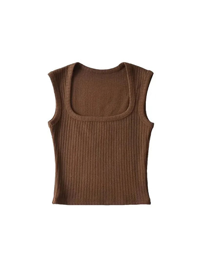 Dozw Elastic Knit Crop Top For Women Solid Summer Sleeveless