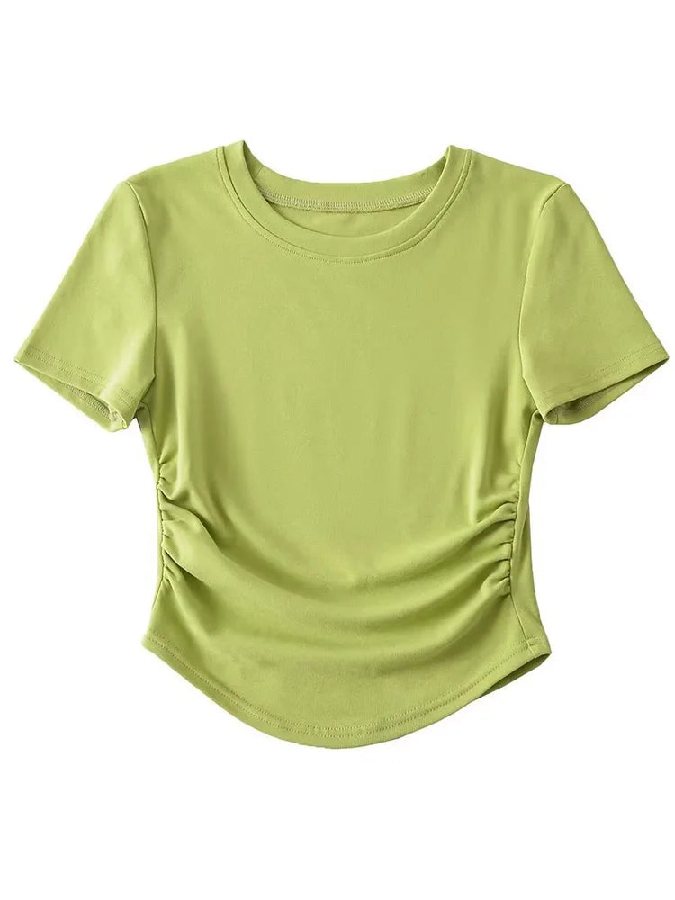 Harajuku 2024 Womens Crew Neck Ruched Side Cotton Tee