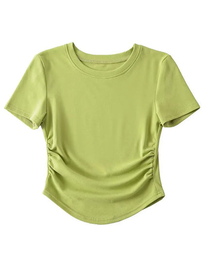 Harajuku 2024 Womens Crew Neck Ruched Side Cotton Tee