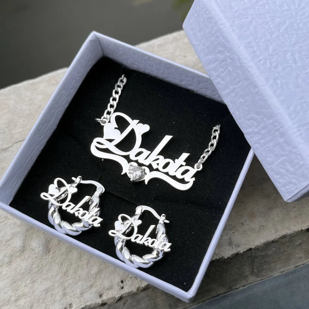 Duoying Personalized Heart Jewelry Set for Children Stainless Steel Nameplate Necklace and Mini Hoop Earrings
