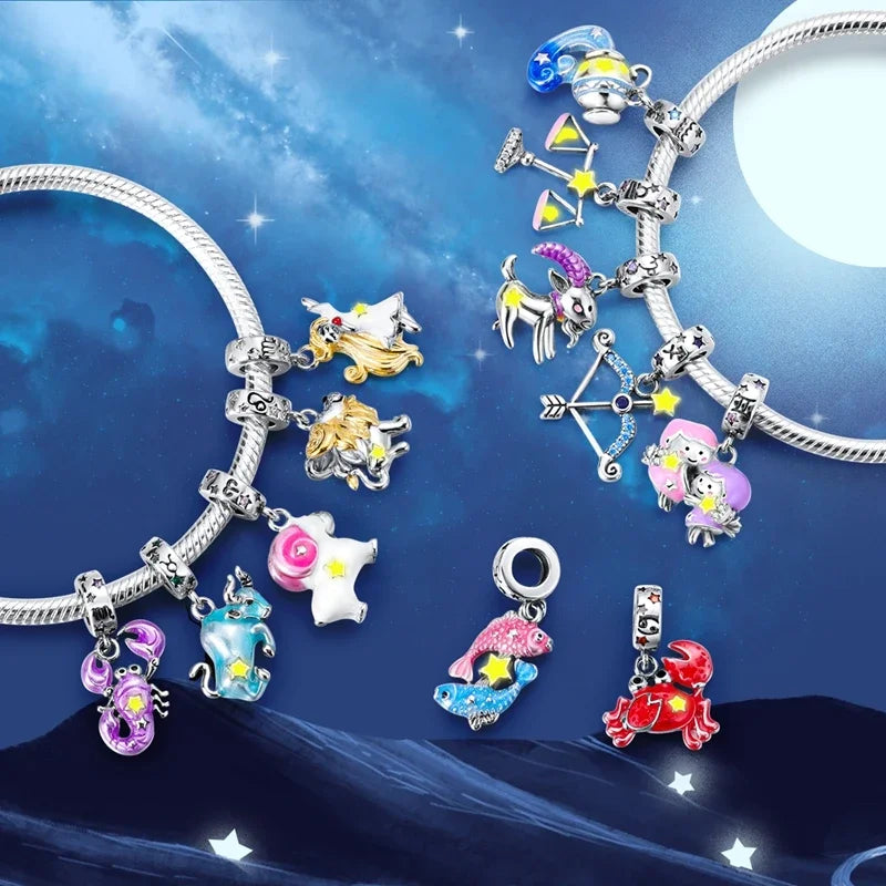 Zodiac Glow In Dark 925 Sterling Silver Charm Beads