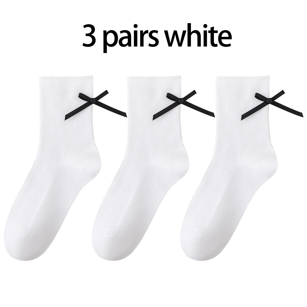 3 Pairs Black White Ballet Bow Crew Breathable Socks