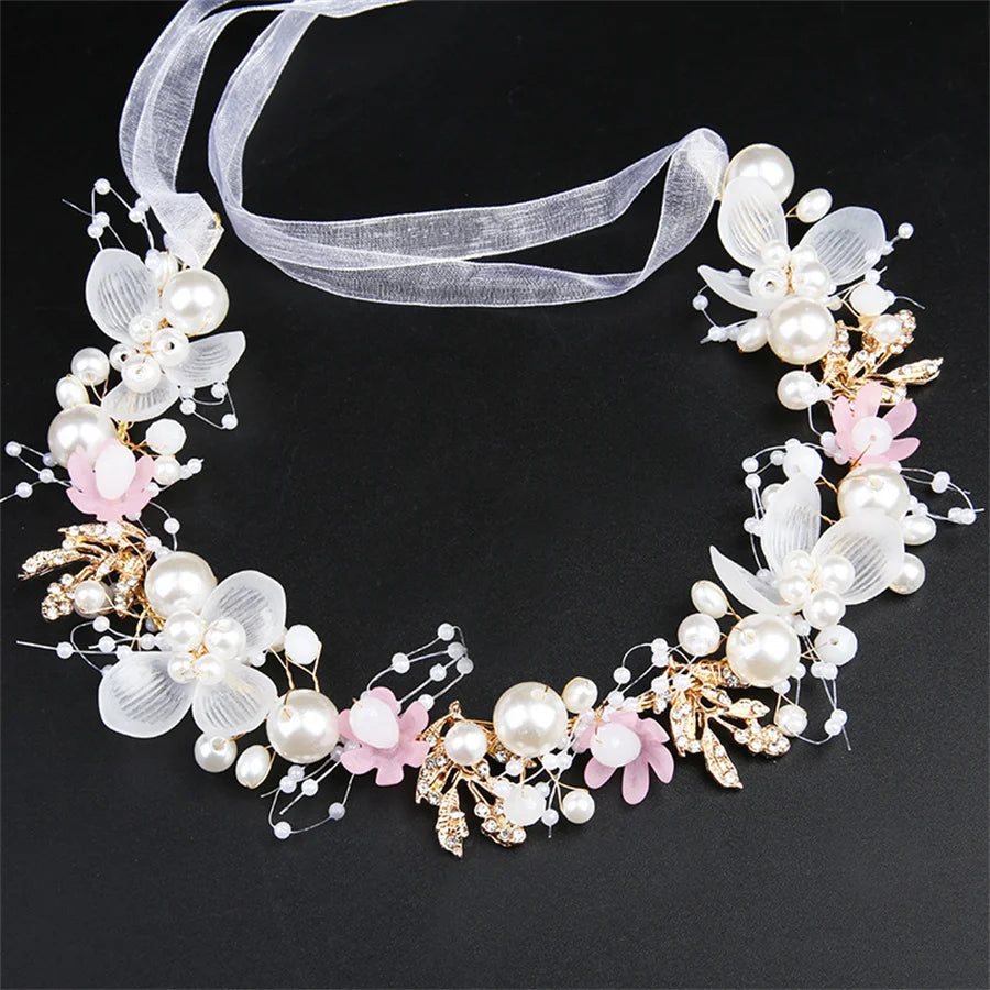 Girls Bridal Pearl Crystal Hair Headdress Flower Wreath Wedding Headband