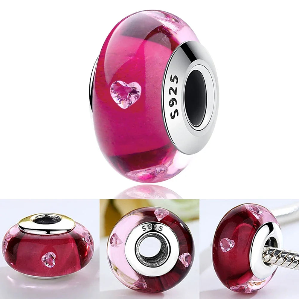 Colorful Flower Murano Glass Charm 925 Sterling Silver Top Rated DIY Jewelry for Bracelets and Necklaces LLZ012-RO