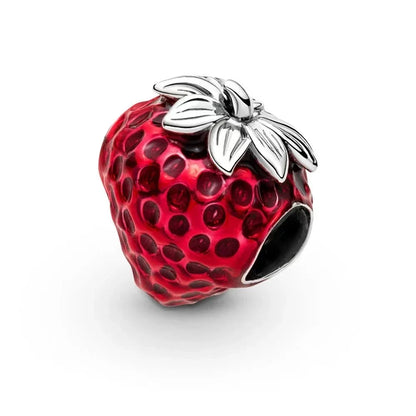 Original 925 Sterling Silver Red Charm Beads Set Heart Cherry Strawberry Flower Fish Zircon Accents for DIY Necklace and Bracelet Jewelry Gift