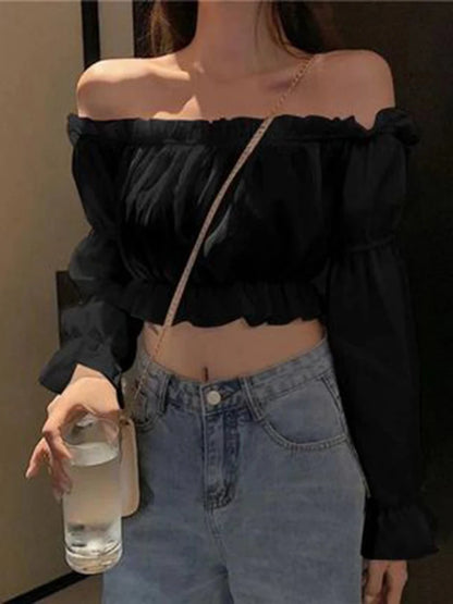 Off Shoulder White Crop Top With Puff Long Sleeve Ruffles