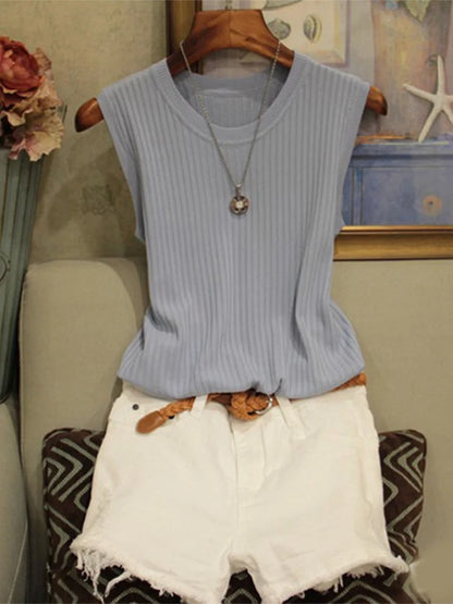 Dozw Knitted Tank Top Women O Neck Solid Vest Casual