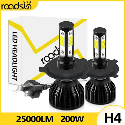 LED Headlamp H4 25000LM 200W Hi Lo Beams Car Fog Lamp Bulb 6000K 8000K 12V 4 Sided LED COB Chip 360 Degree Lighting