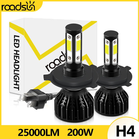 LED Headlamp H4 25000LM 200W Hi Lo Beams Car Fog Lamp Bulb 6000K 8000K 12V 4 Sided LED COB Chip 360 Degree Lighting