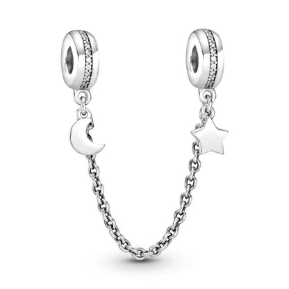 Sterling Silver Pave Star Crescent Moon Bead Bracelet