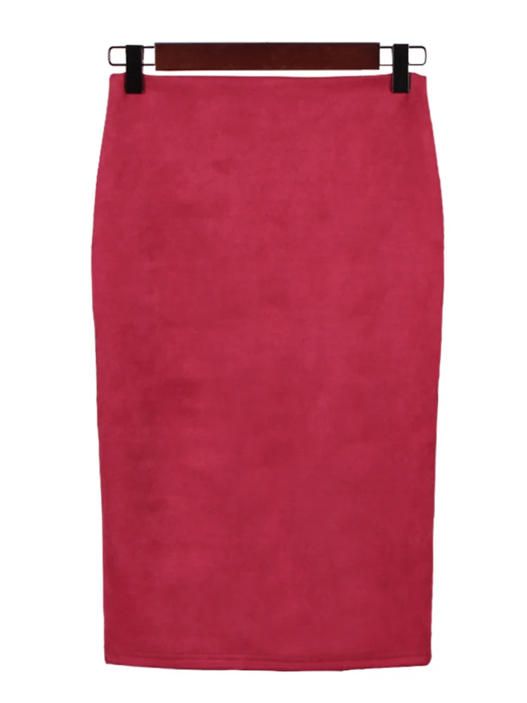 Multicolor Suede Midi Pencil Skirt Women High Waist Bodycon