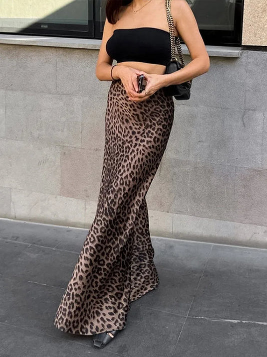 Leopard Print Vintage Trumpet Maxi Skirt Women High Waist