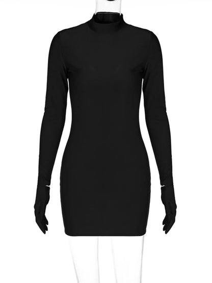 Solid Longsleeve Mini Bodycon Dress With Gloves Y2K
