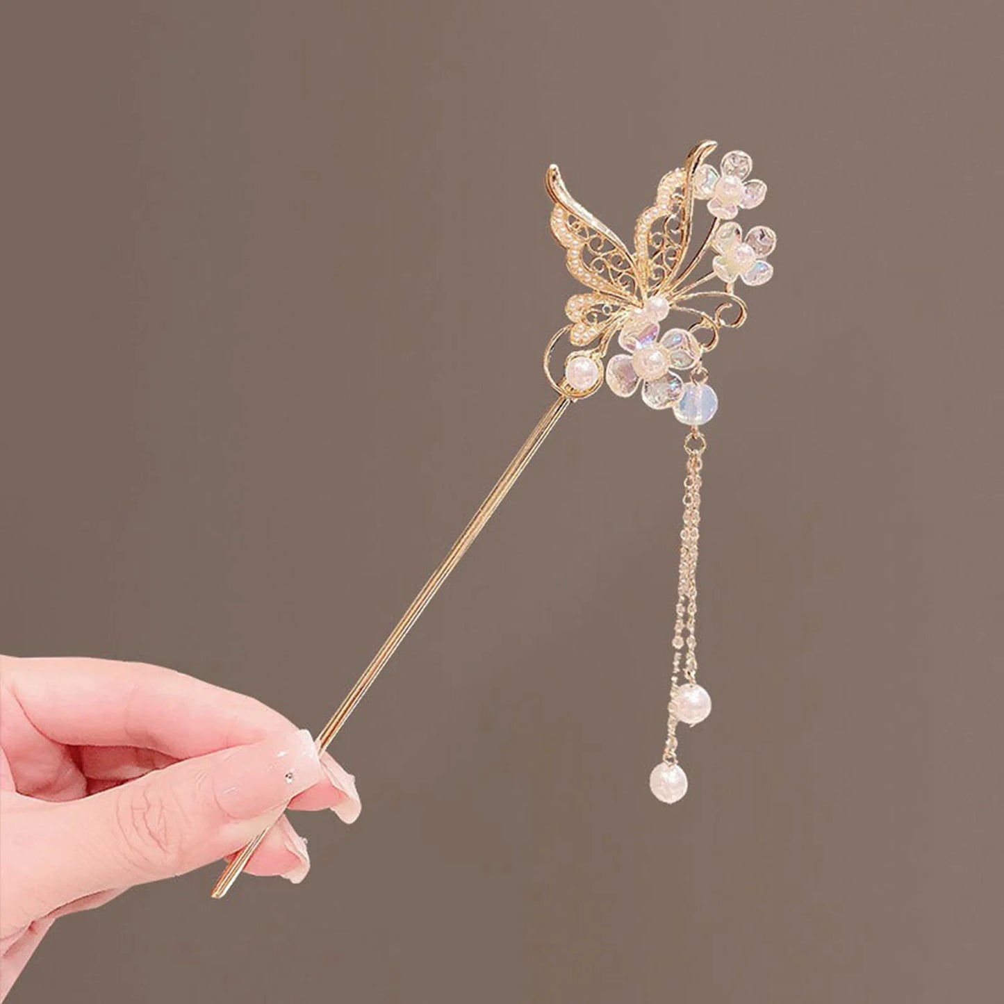 Elegant Gold Red Floral Pearl Long Tassel Hairpins Bridal Chinese Wedding Headpiece