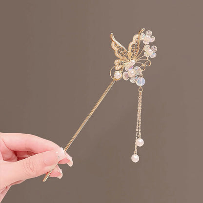 Elegant Gold Red Floral Pearl Long Tassel Hairpins Bridal Chinese Wedding Headpiece