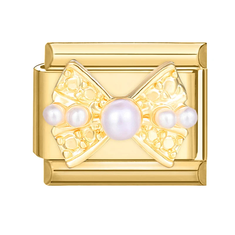 Golden 3D Bow Crown Flowers Pearl Charms for 9mm Italian Bracelet Stainless Steel DIY Jewelry