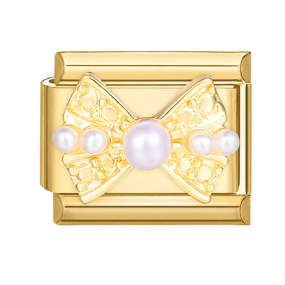 Golden 3D Bow Crown Flowers Pearl Charms for 9mm Italian Bracelet Stainless Steel DIY Jewelry