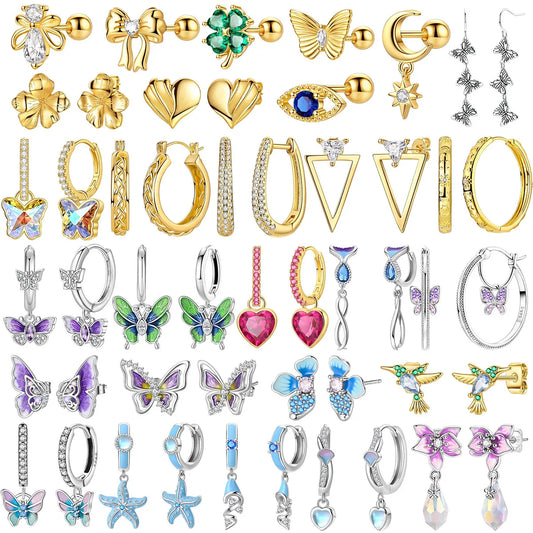 925 Sterling Silver Colorful Butterfly Heart Flower Starfish Bow Geometry Stud Earrings for Women Gift Jewelry Accessories