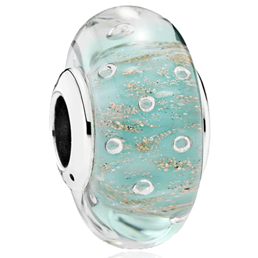 925 Sterling Silver Cosmic Rainbow Murano Glass Beads with Flower and Leaf Charms for DIY Women Jewelry