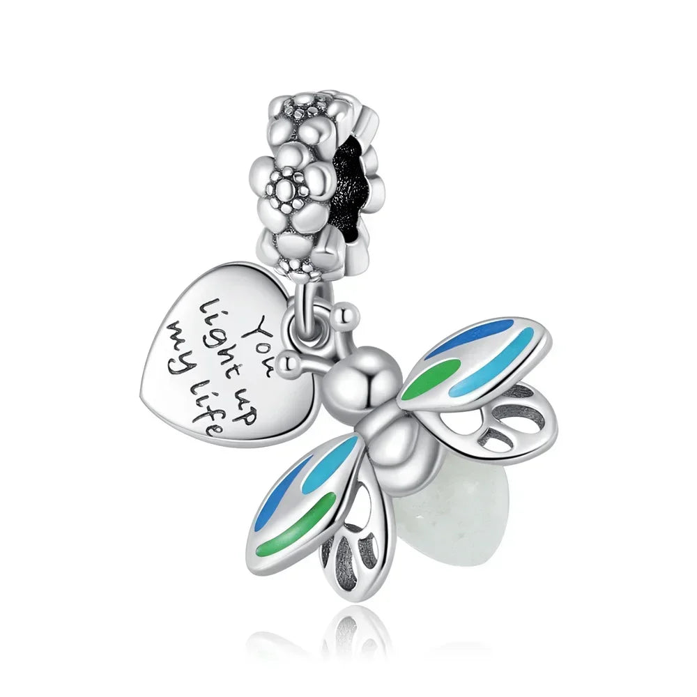 Authentic Luminous Firefly Bee Light Bulb Charm Ring Earrings 925 Sterling Silver DIY Jewelry Gift