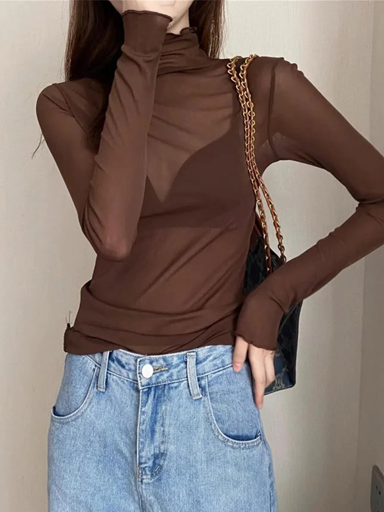 Sexy Black Mesh Long Sleeve Punk Top For Women Summer