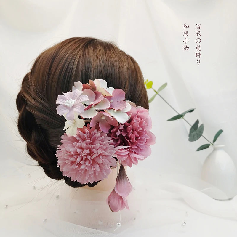 Japanese Handmade Fabric Flower Kimono Hairpin with Tassel for Weddings and Festivals