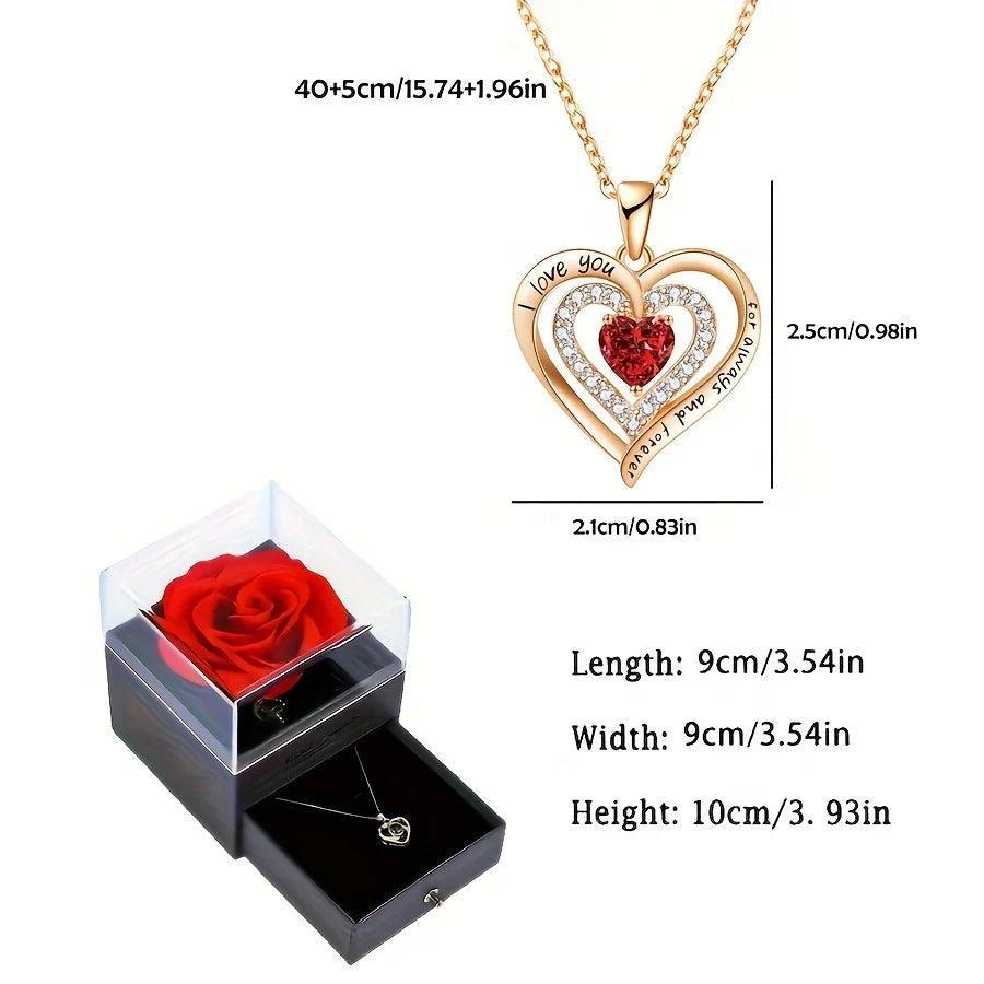 Luxury Red Zircon Pendant Necklace with Rose Flower Gift Box for Women Golden