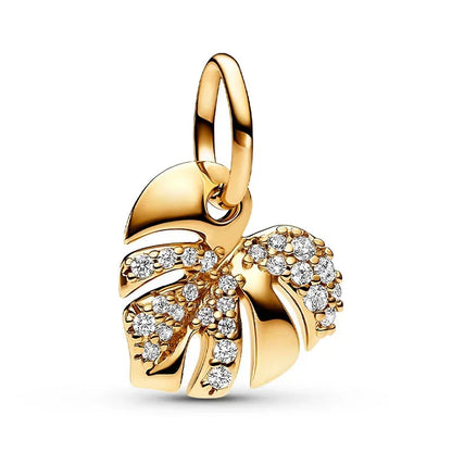 925 Sterling Silver Gold Heart and Maple Leaf Charms Sparkling Zircon Pendant for Women DIY Bracelet Fine Jewelry Gift