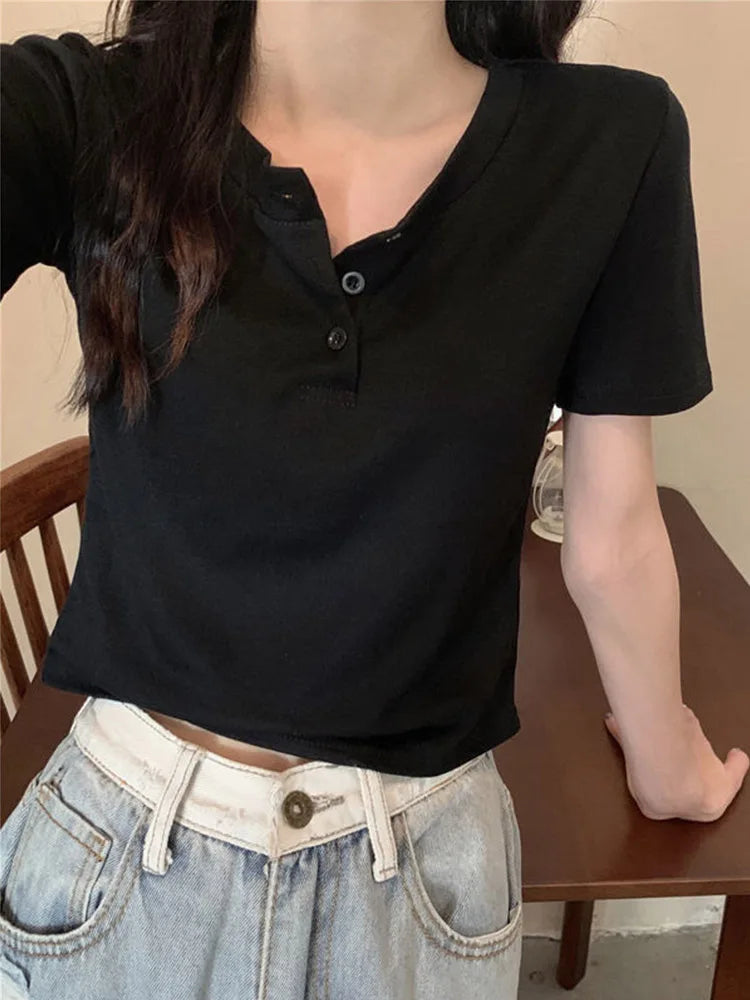 Women Open Button Crop Tee Shirt V Neck Short Sleeve