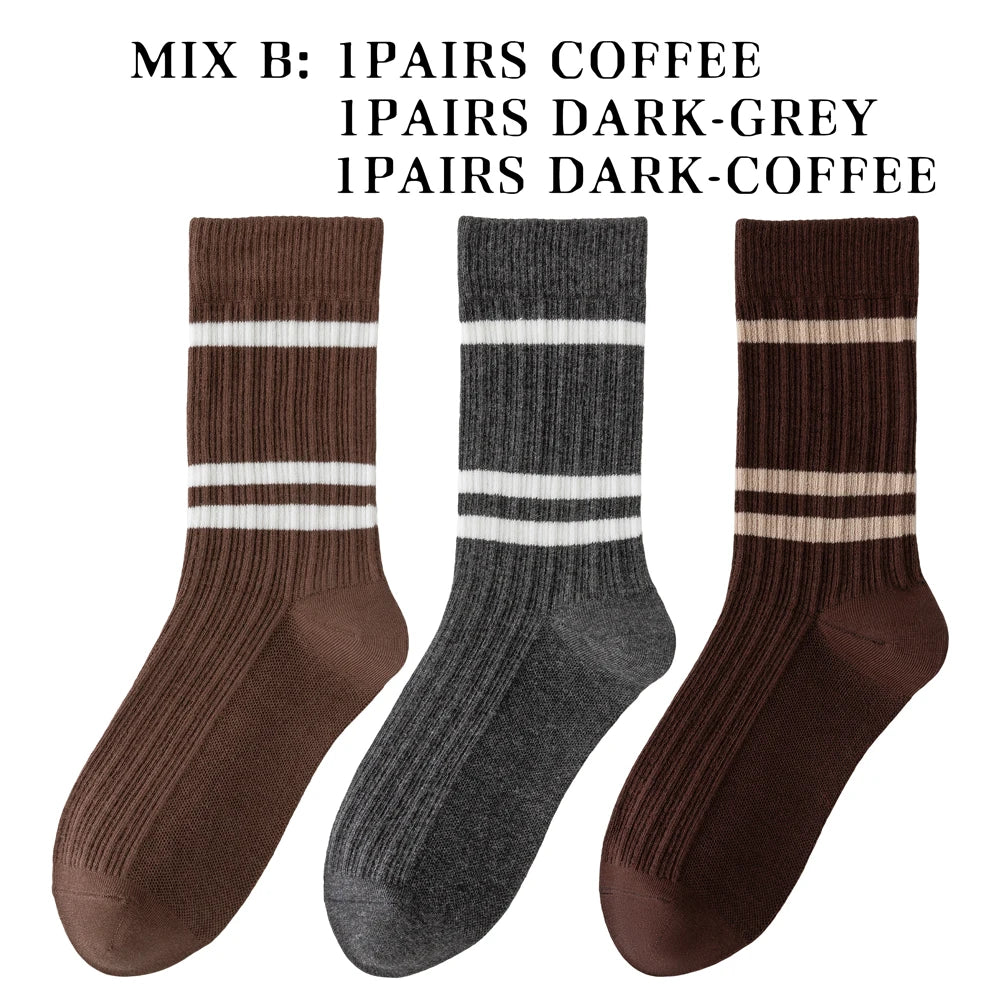 3 Pairs Soft Combed Cotton Crew Socks Women Stripes