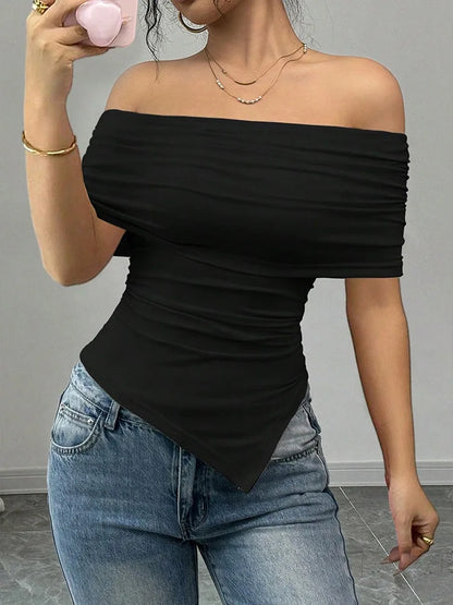 Women Summer Slash Neck Off Shoulder Slim Cotton Tee