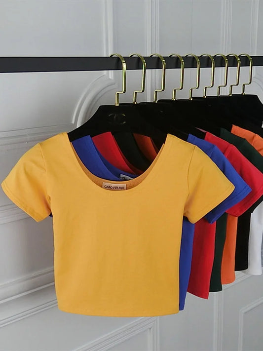 Dozw Solid Crop Top For Women Slim Fit High Waist Tee