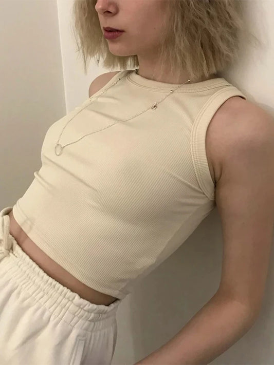 Ribbed Tank Top Women White Off Shoulder Crop Top Casual