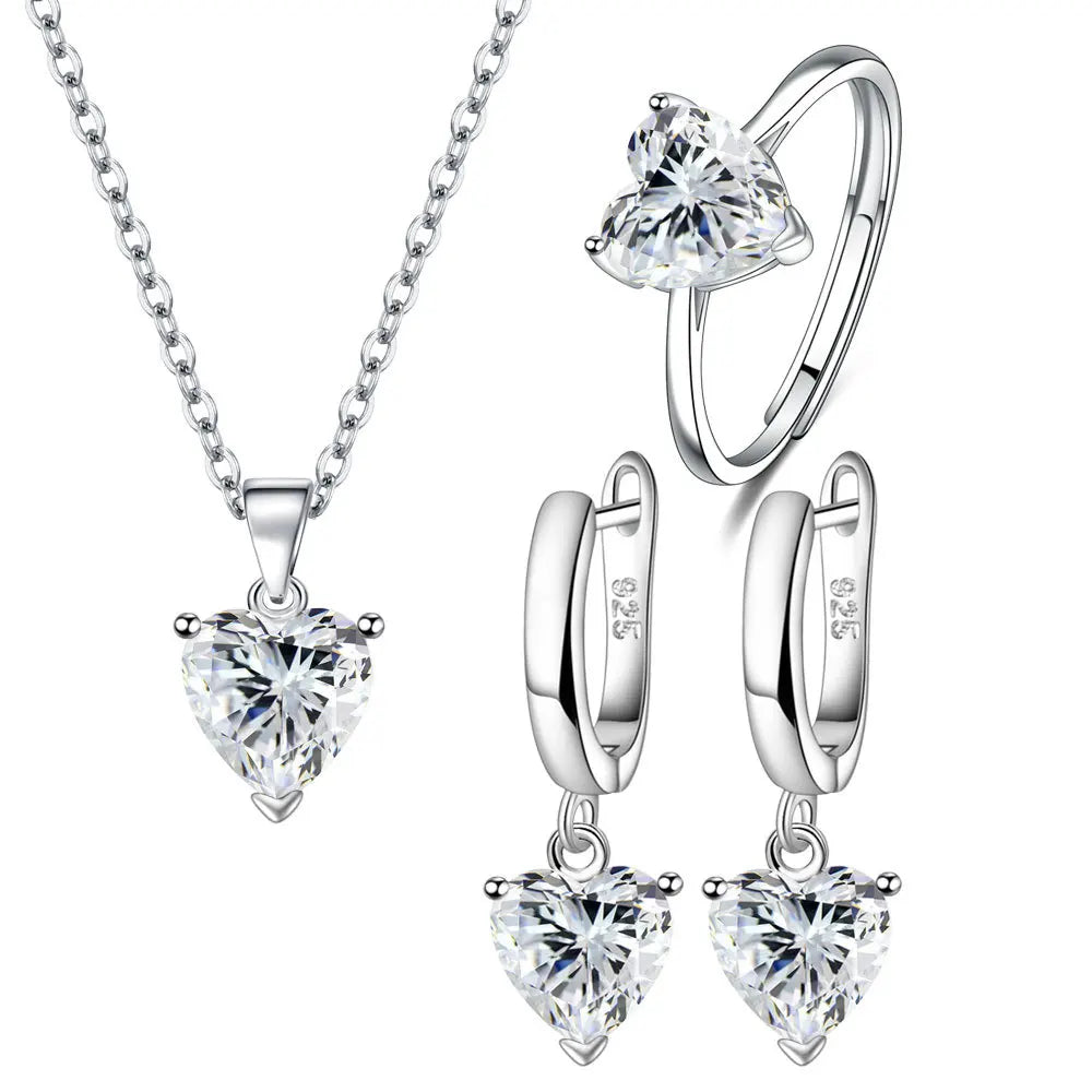 925 Sterling Silver Heart Zircon Jewelry Set for Women Elegant Necklace Earrings Ring Ideal for Weddings and Christmas