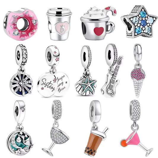 925 Sterling Silver Donut Dessert Charm Beads Zircon Accents for DIY Women Bracelet Jewelry Gift